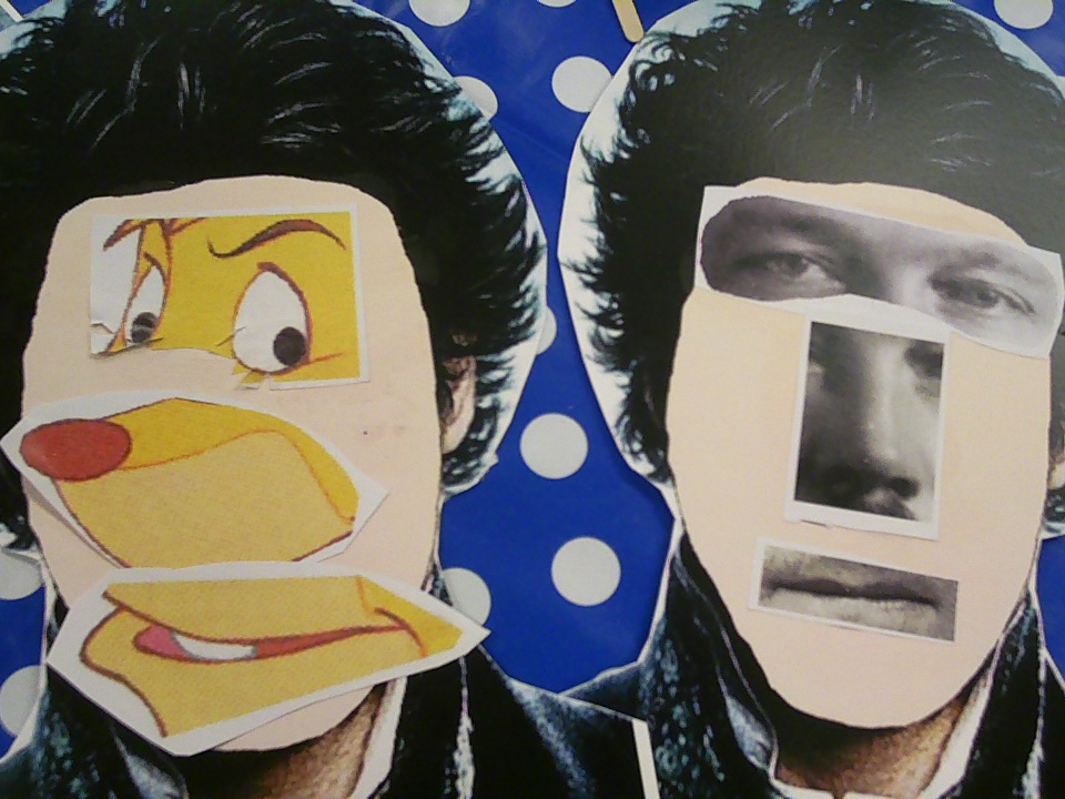 Pictures of facial features glued to two pictures of a faceless head with black hair