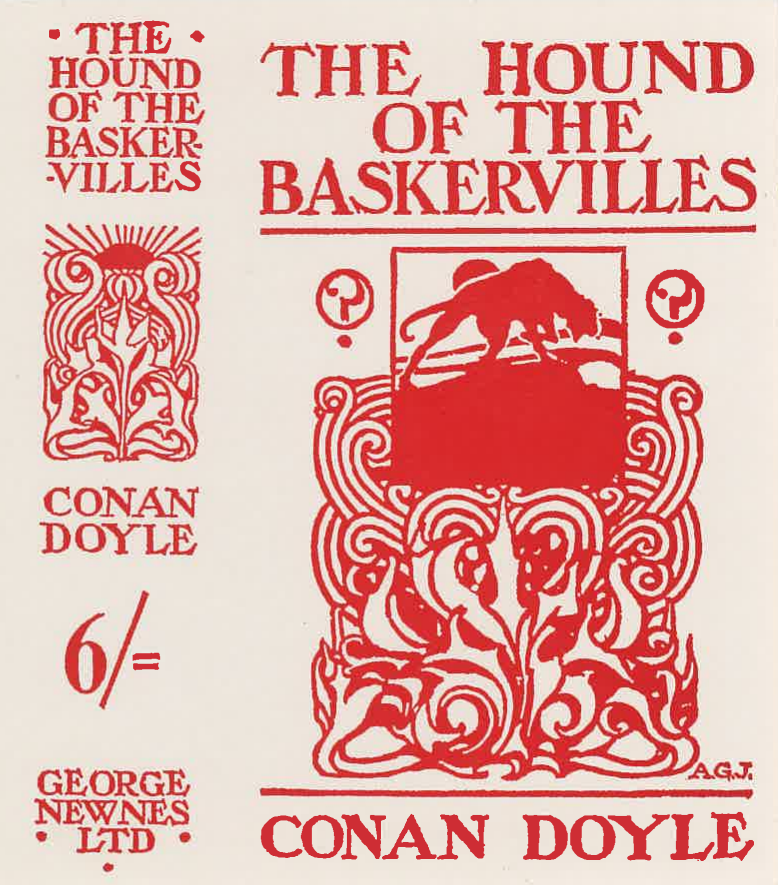 The book cover of The Hound of the Baskervilles by Conan Doyle featuring a dog illustrated in red