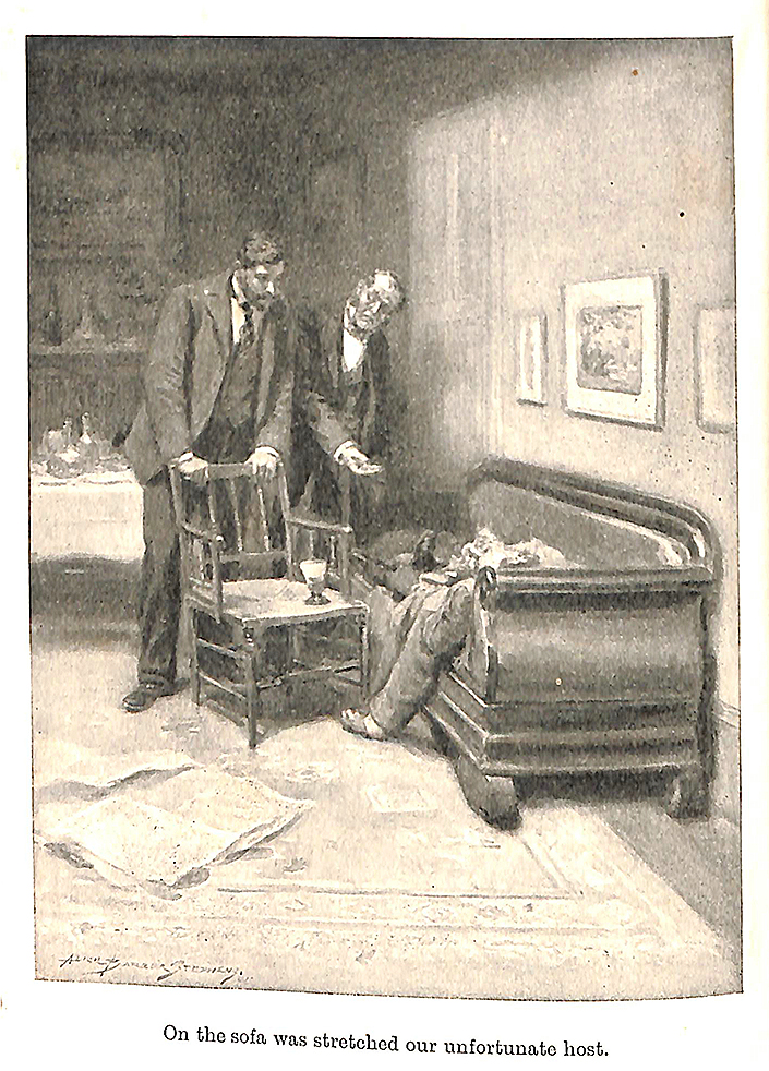 Sherlock an Watson with man slumped on sofa - On the sofa was stretched our unfortunate host